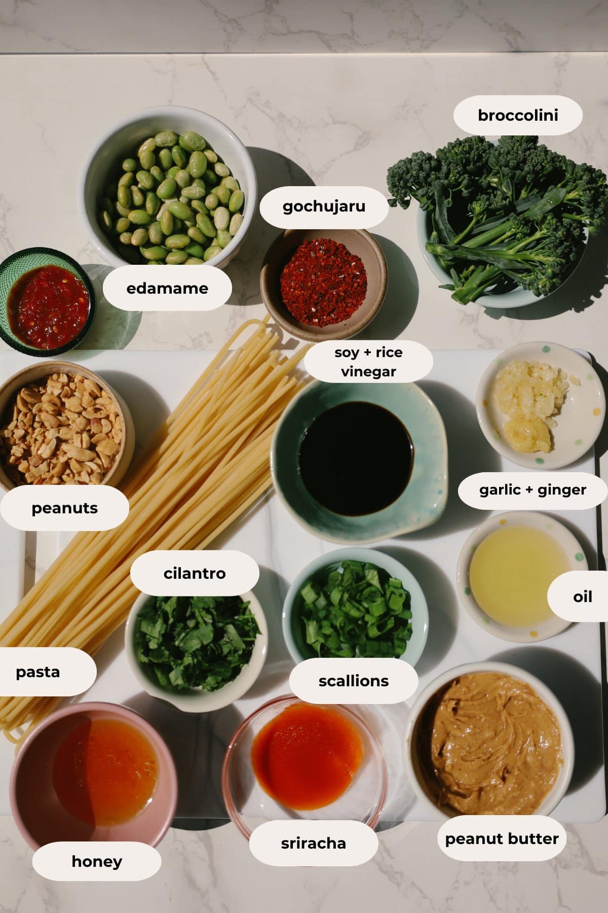 Key ingredients for the spicy peanut noodles.
