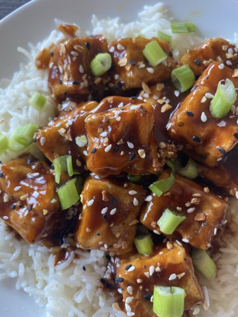 teriyaki tofu over bed of rice