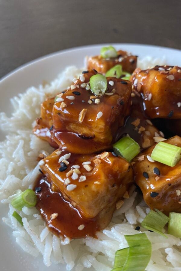 baked teriyaki tofu recipe card image