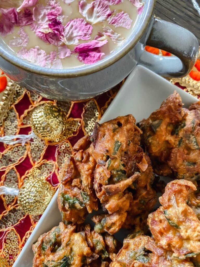 aloo pakora with a cup of rose chai