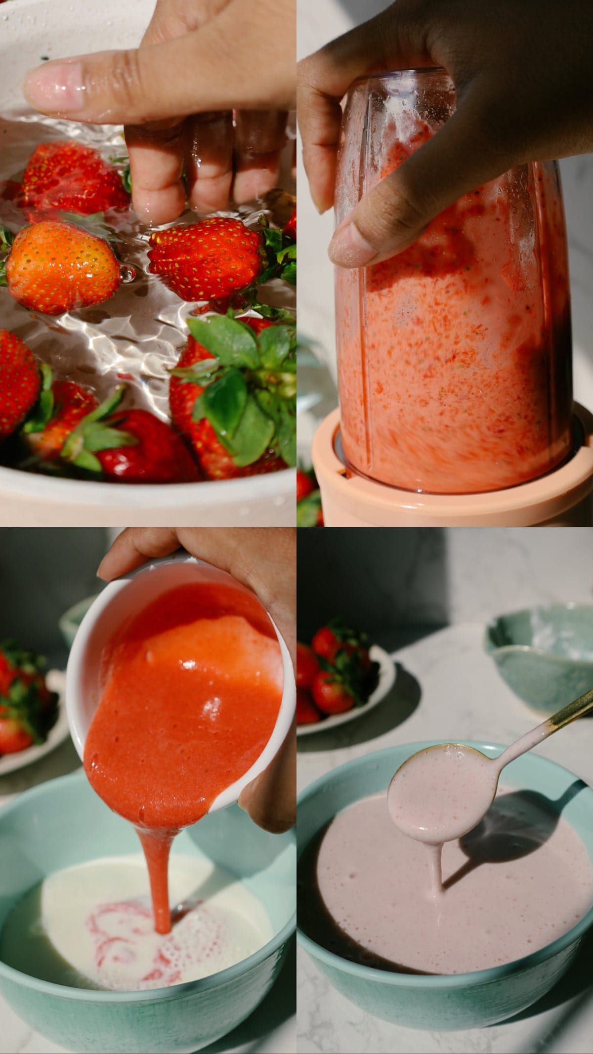 Four-step collage of strawberries being rinsed, puréed, poured into milk mixture, and spooned as blended strawberry oats.