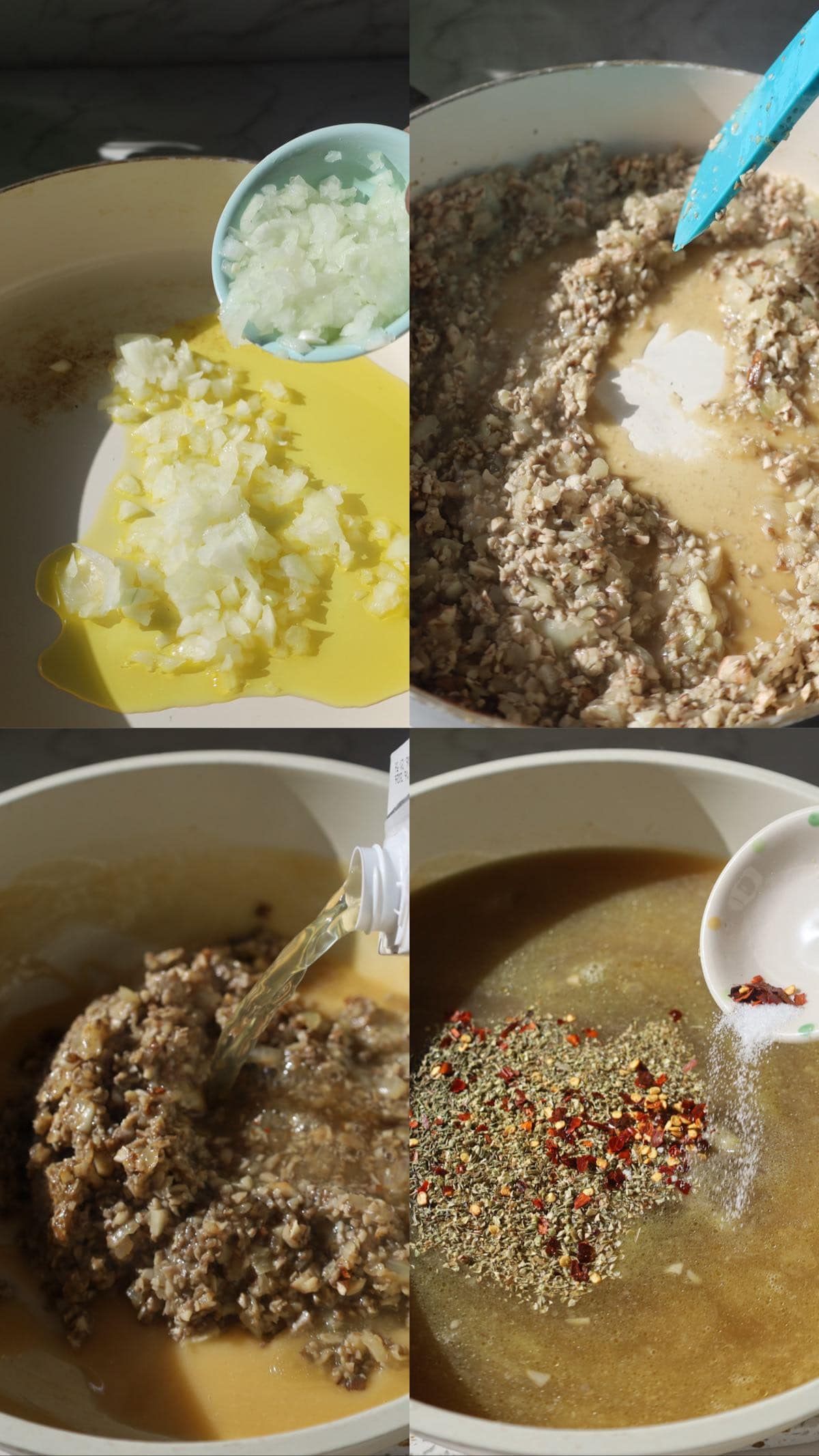 Four-panel collage showing chopped onion added to a pot, cooked mushroom mixture, broth poured in and gravy seasoned.