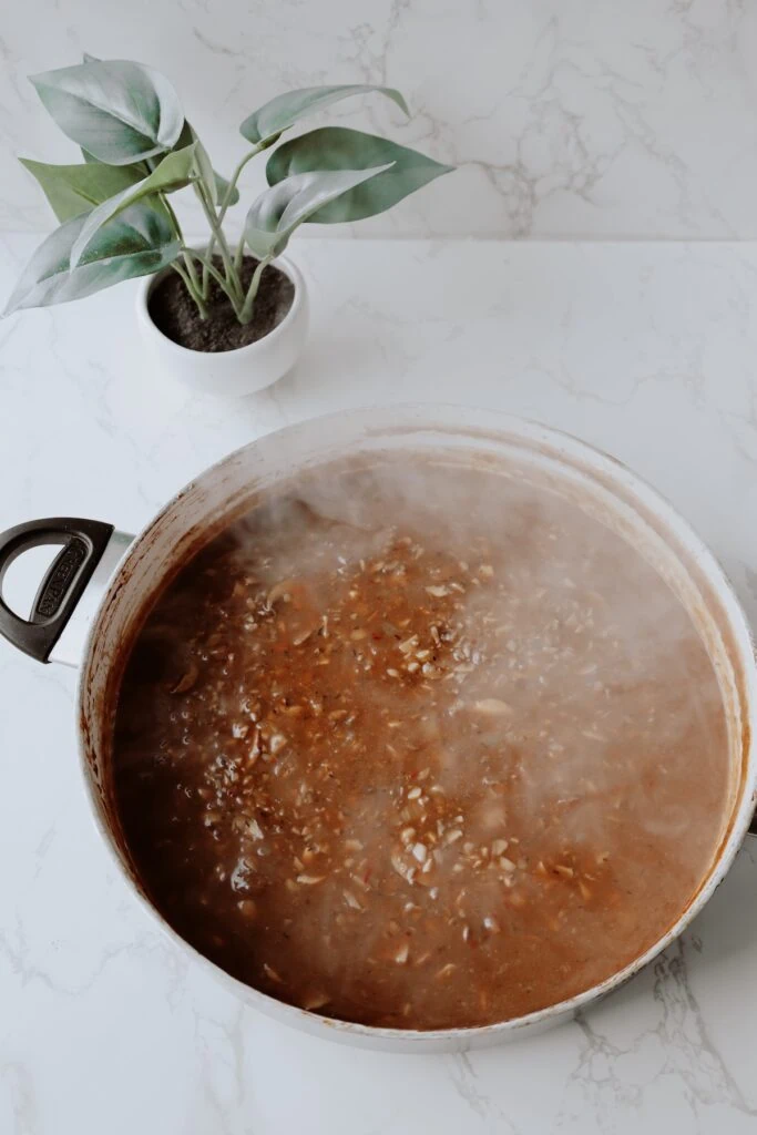 mushroom gravy in a pot 