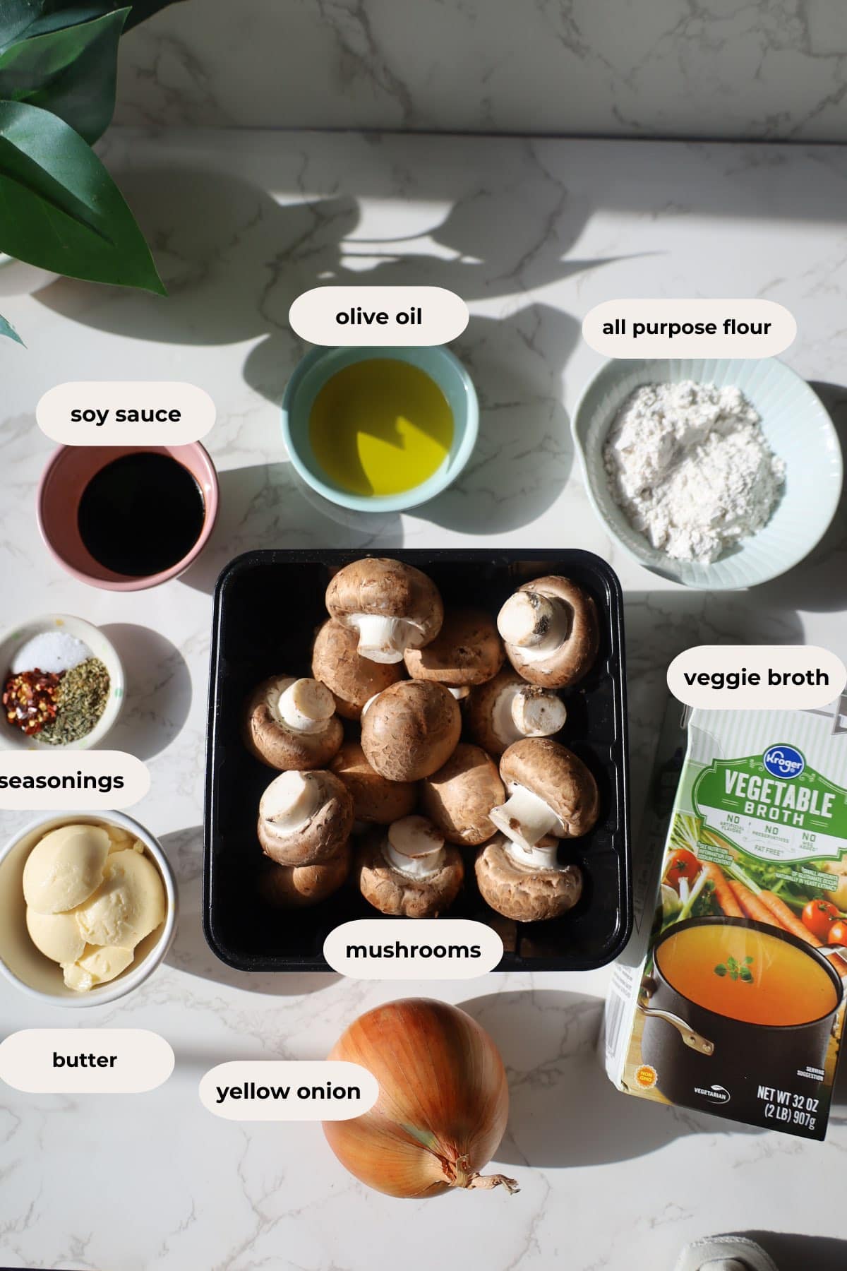 Labeled ingredients for mushroom gravy, including whole mushrooms, onion, butter, flour, broth, olive oil, soy sauce and seasonings.