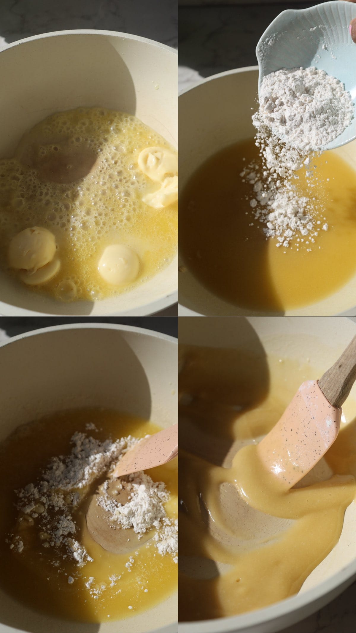 Four-panel collage showing butter melting, flour being added, and the roux stirred until smooth.