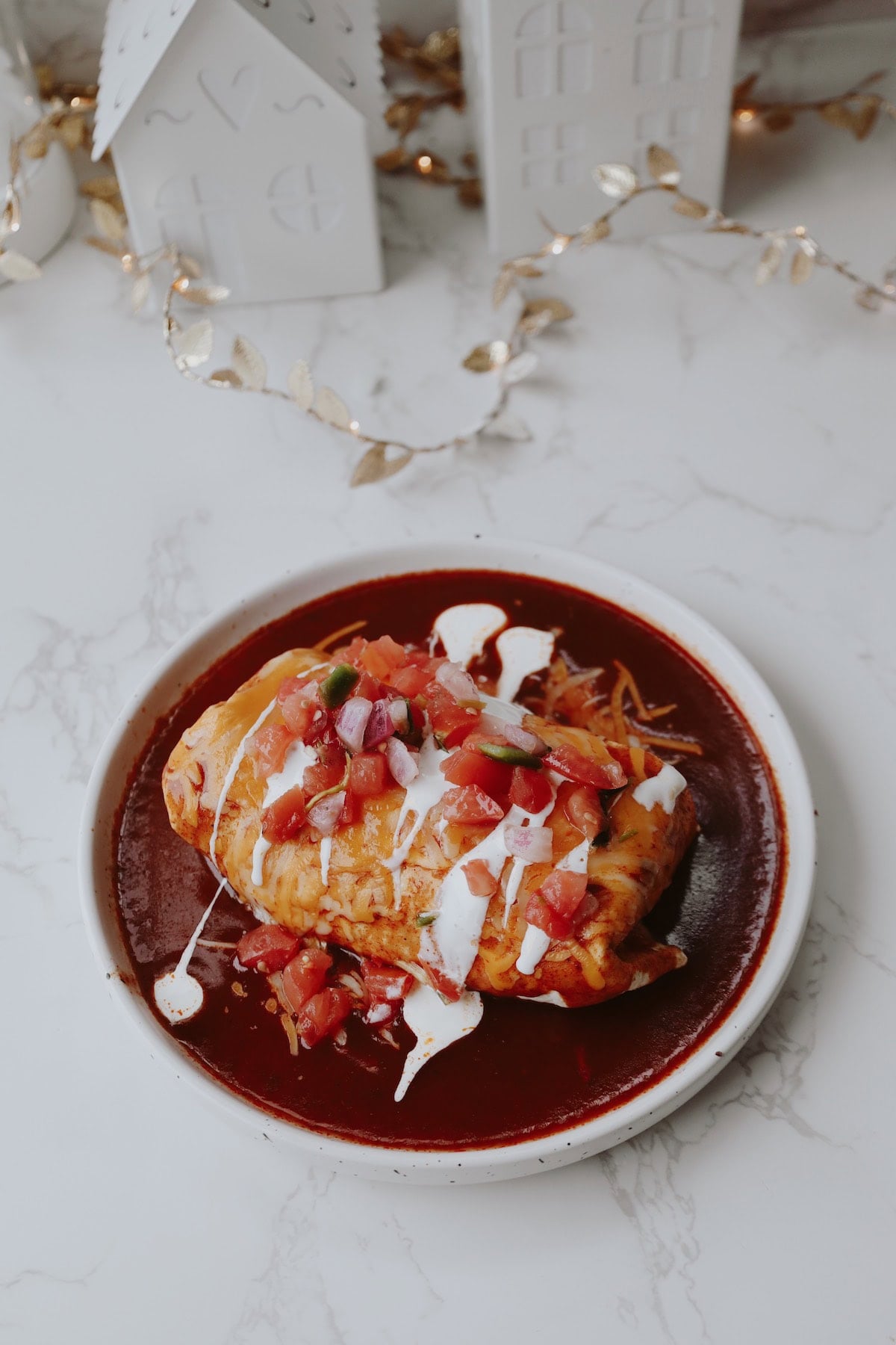 black bean burrito with pico de gallo and sauce