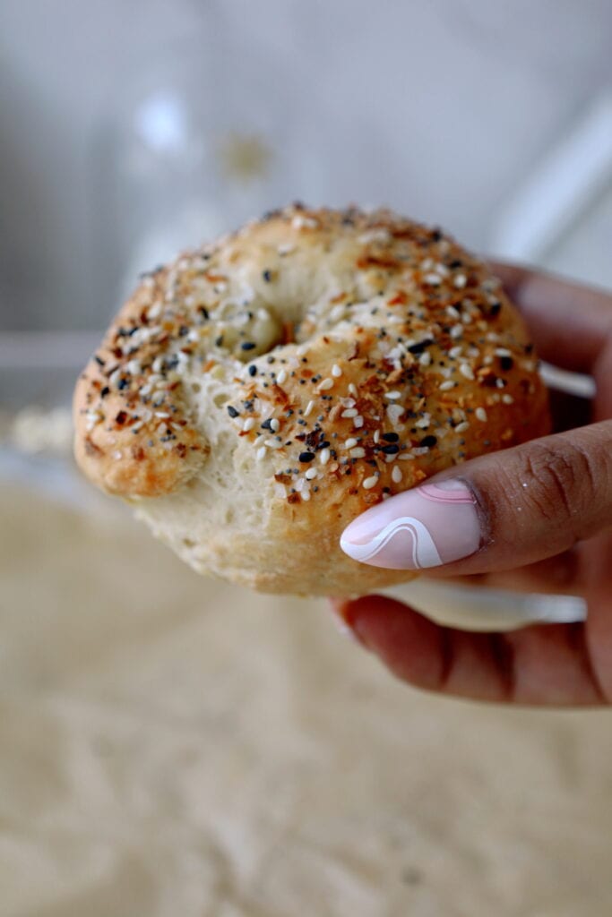 two ingredient bagel held by a hand