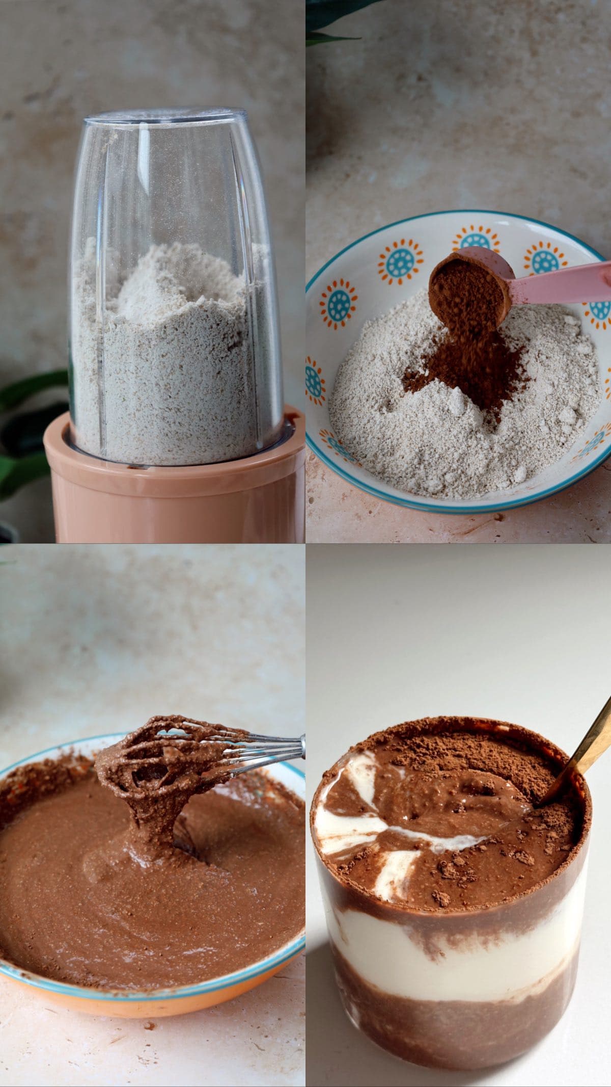 Four-panel collage of blending oats, adding cocoa powder, mixing chocolate oat batter, and assembling layered overnight oats.