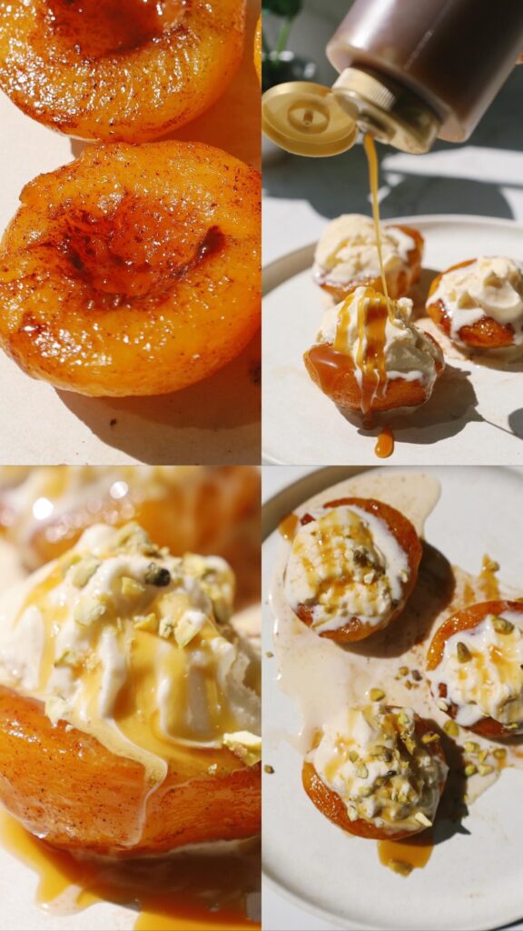 air fryer peaches garnished with ice cream and caramel sauce