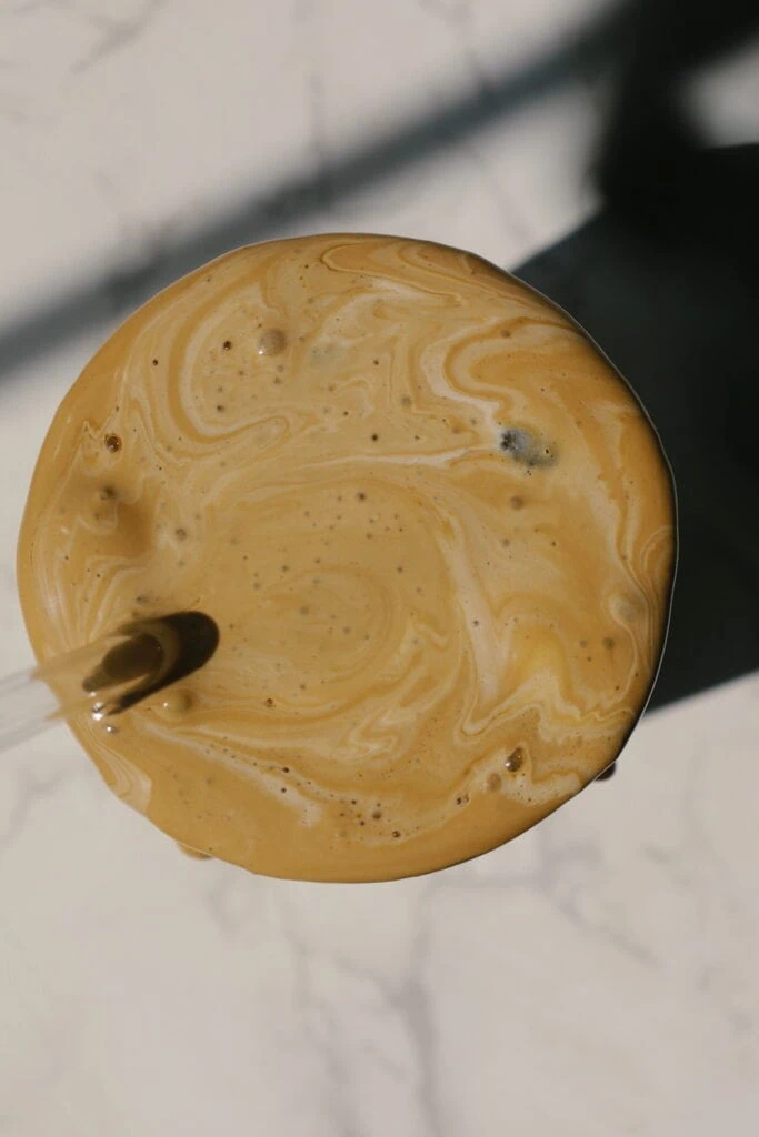 top down view of caramel iced coffee