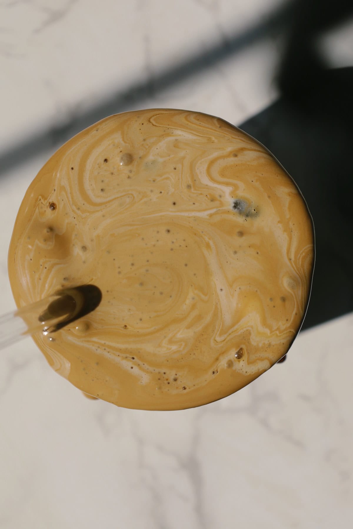 top down view of caramel iced coffee
