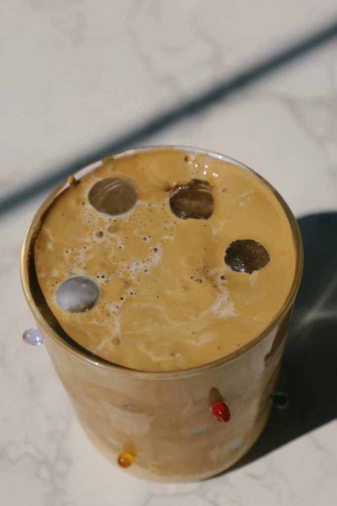 caramel iced coffee in a glass