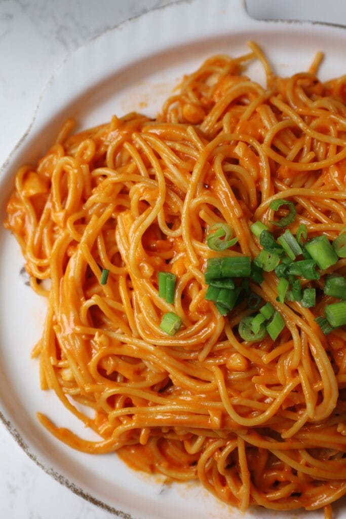 gochujang pasta overhead shot