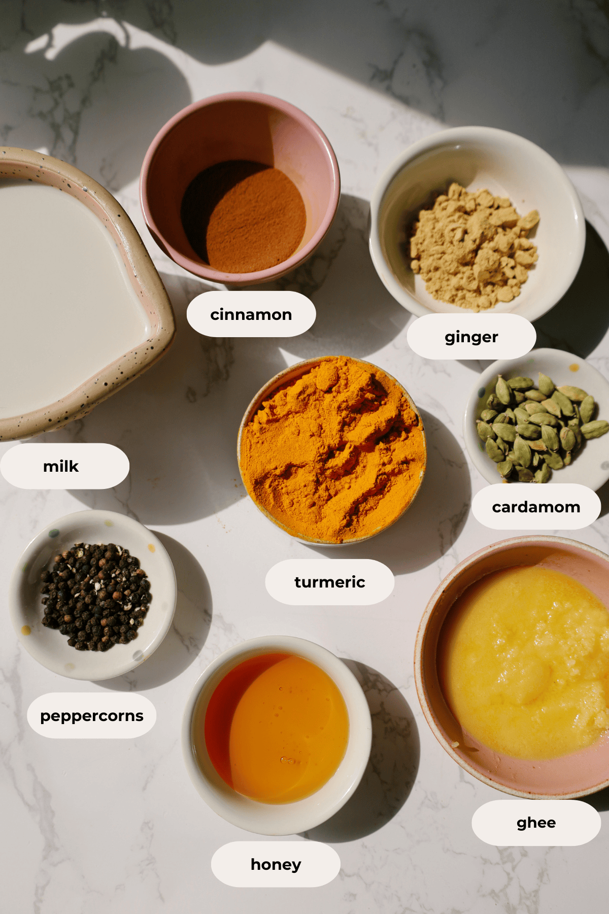 Key ingredients for my golden milk recipe: milk, turmeric, ghee, peppercorns, ginger, cardamom, and honey.