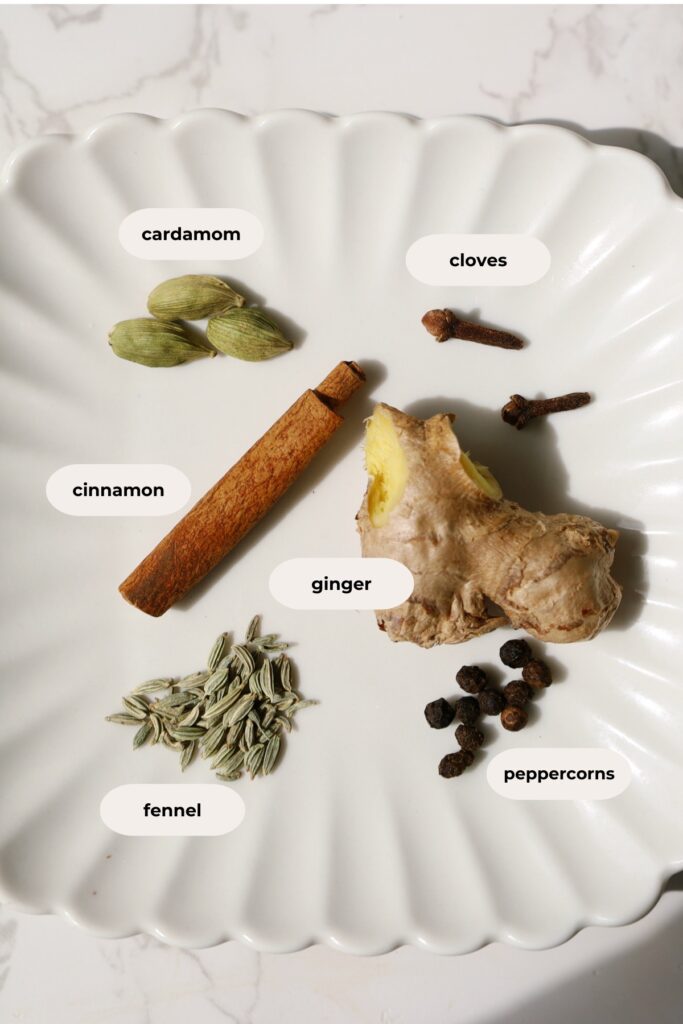 ingredients - cardamom, cloves, cinnamon, ginger, fennel, and peppercorns