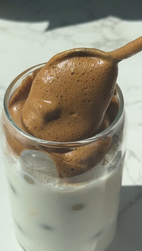 Step three: spoon whipped honey on top of milk.