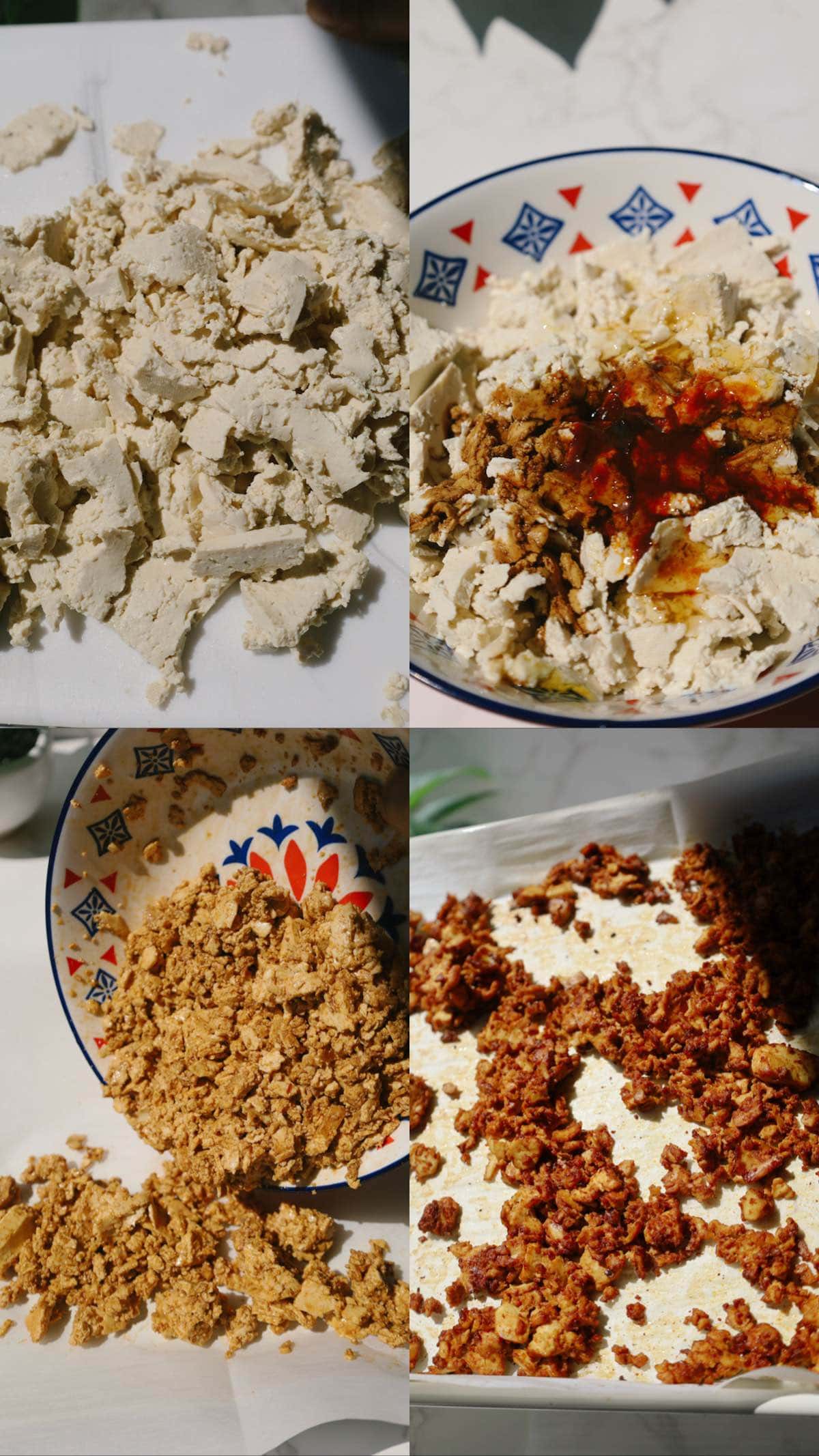 Four-photo collage showing crumbled tofu, tofu mixed with dark seasoning, and seasoned tofu spread on a baking sheet.