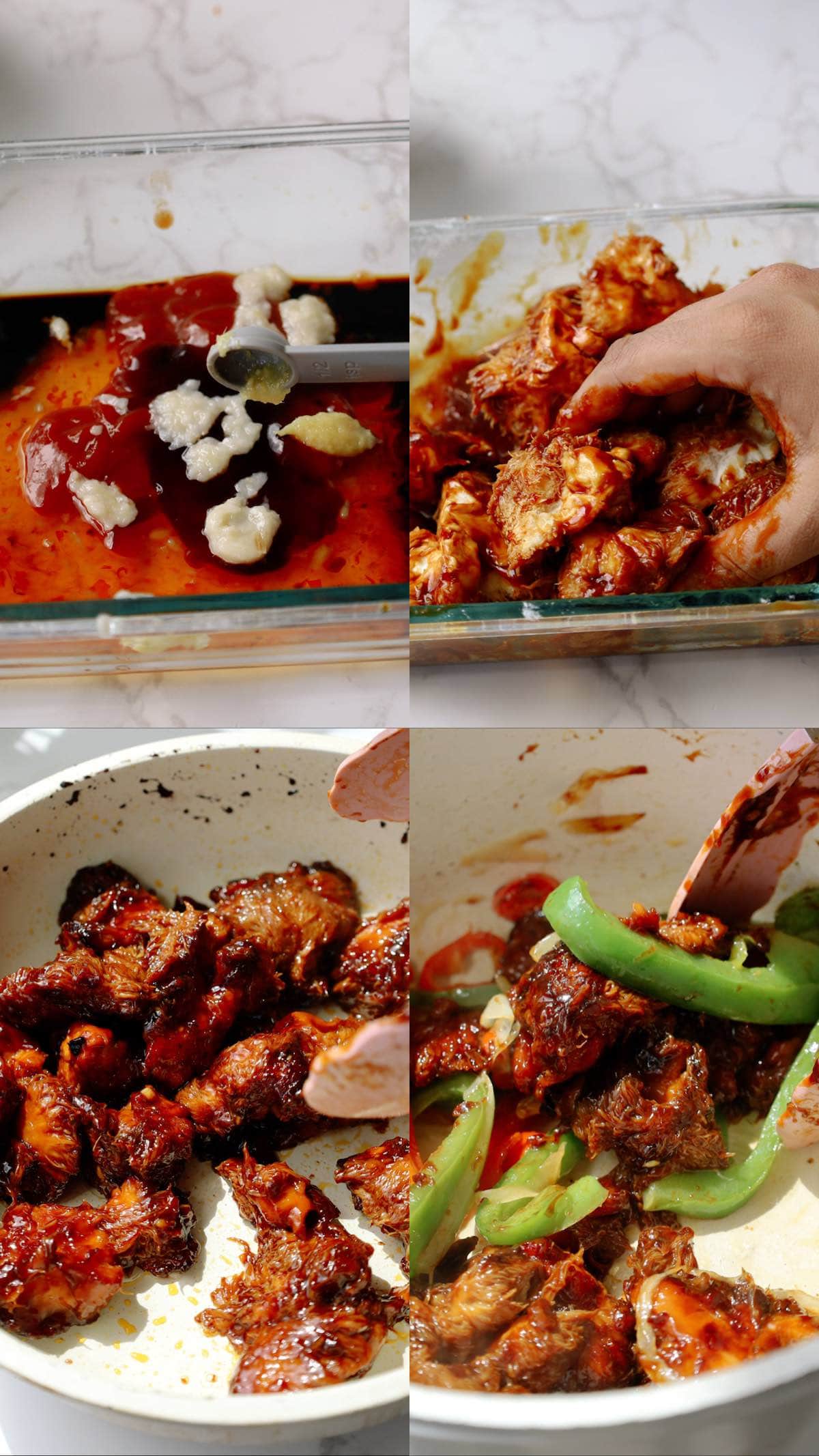 Four-photo collage showing lion’s mane mushrooms marinated in sauce, pan-seared, then stir-fried with green peppers.