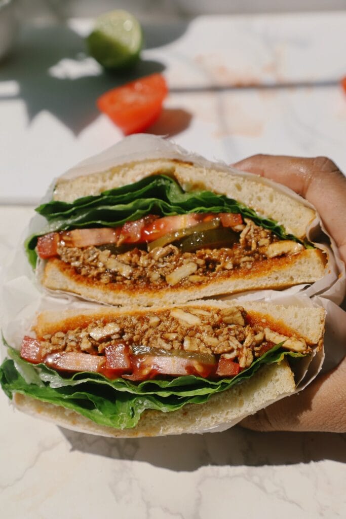 tofu sandwich sliced in half