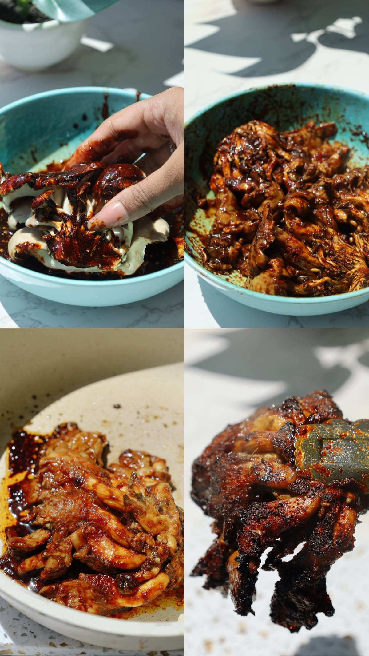 Step-by-step photos showing oyster mushrooms being seasoned, smashed in a skillet, and cooked for a vegetarian burger.