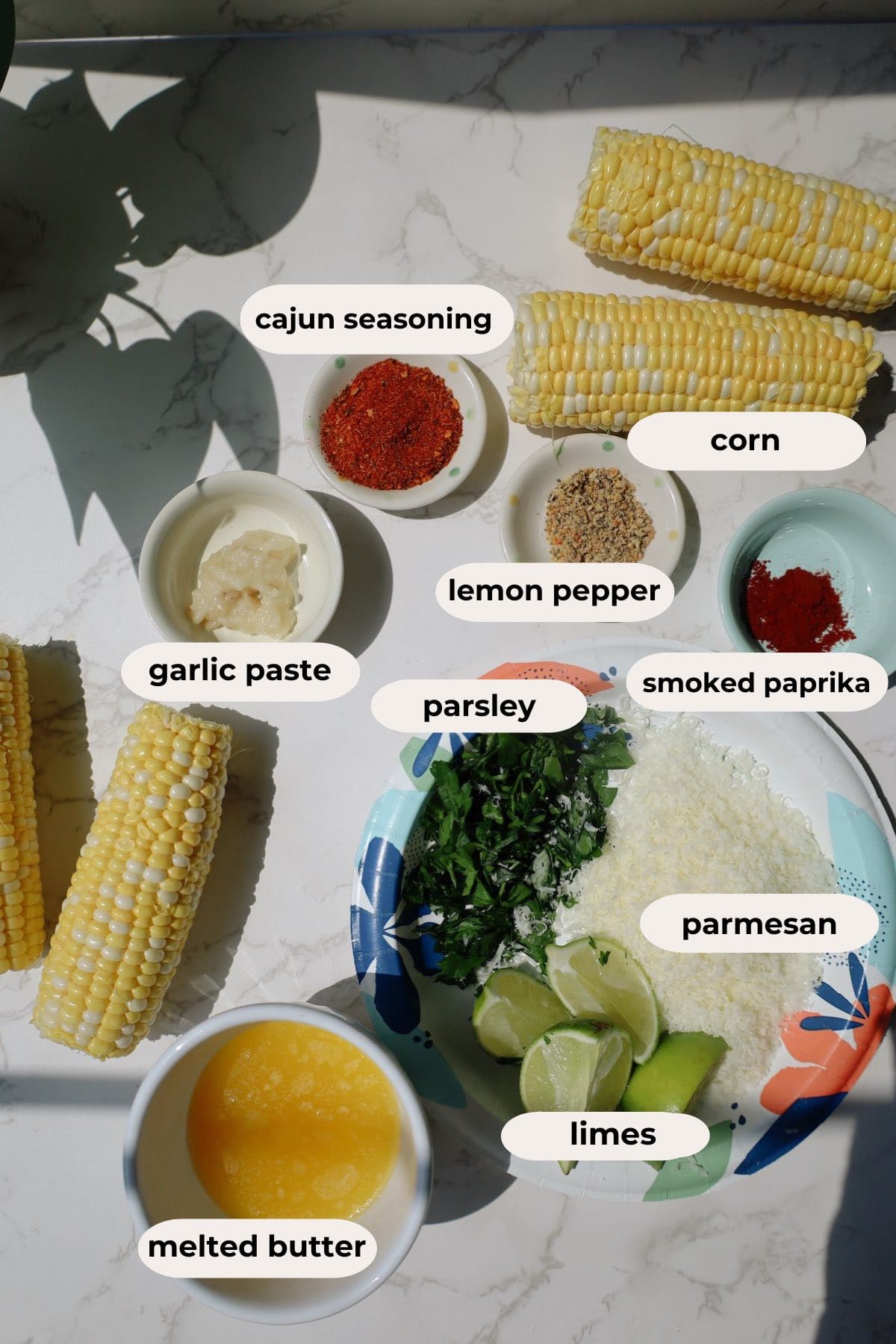 Ingredients for cajun butter corn ribs.