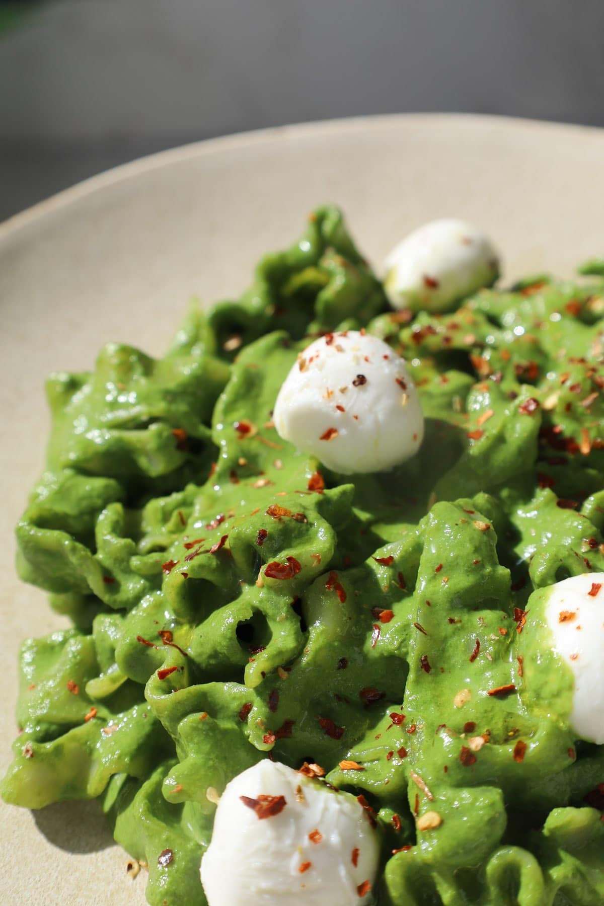 Green goddess pasta recipe on a plate.