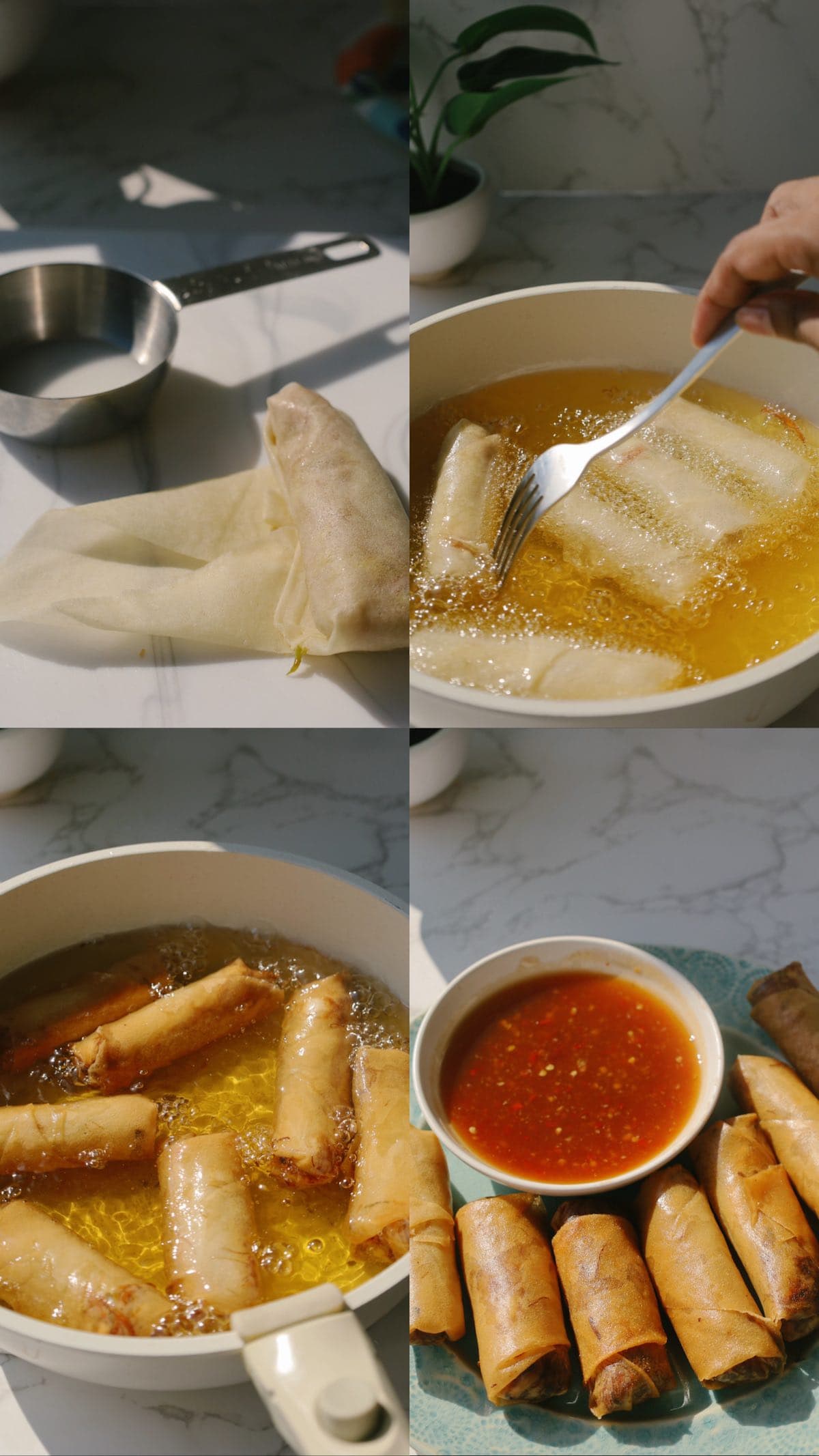 Step-by-step photos showing the wrapped spring rolls being deep fried in oil until golden brown and served with a sweet dipping sauce.