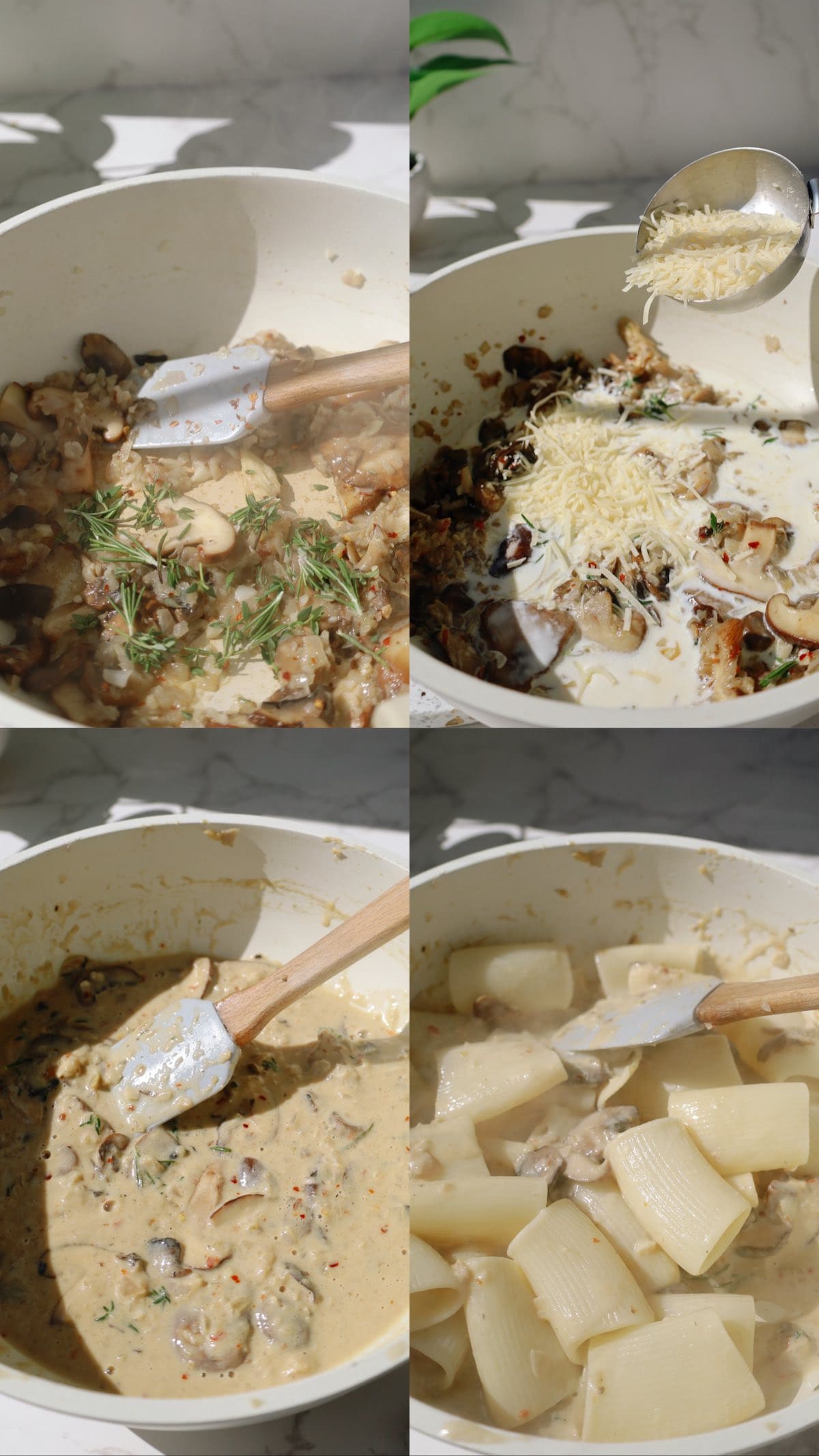 Four-panel collage showing mushrooms sautéed with herbs, cream and Parmesan added to the sauce, and pasta tossed into the creamy mushroom mixture.