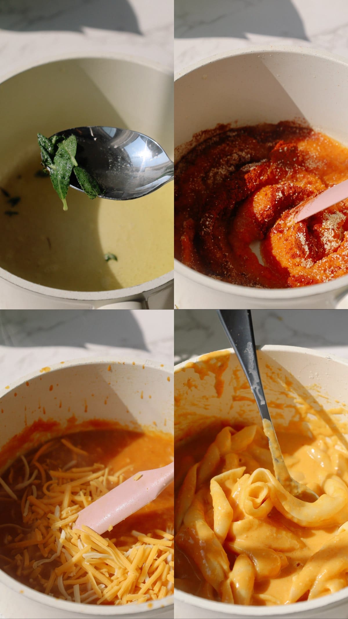 Four-step collage showing herbs infused in butter, pumpkin purée and spices stirred together, cheese added, and pasta tossed in creamy pumpkin sauce.