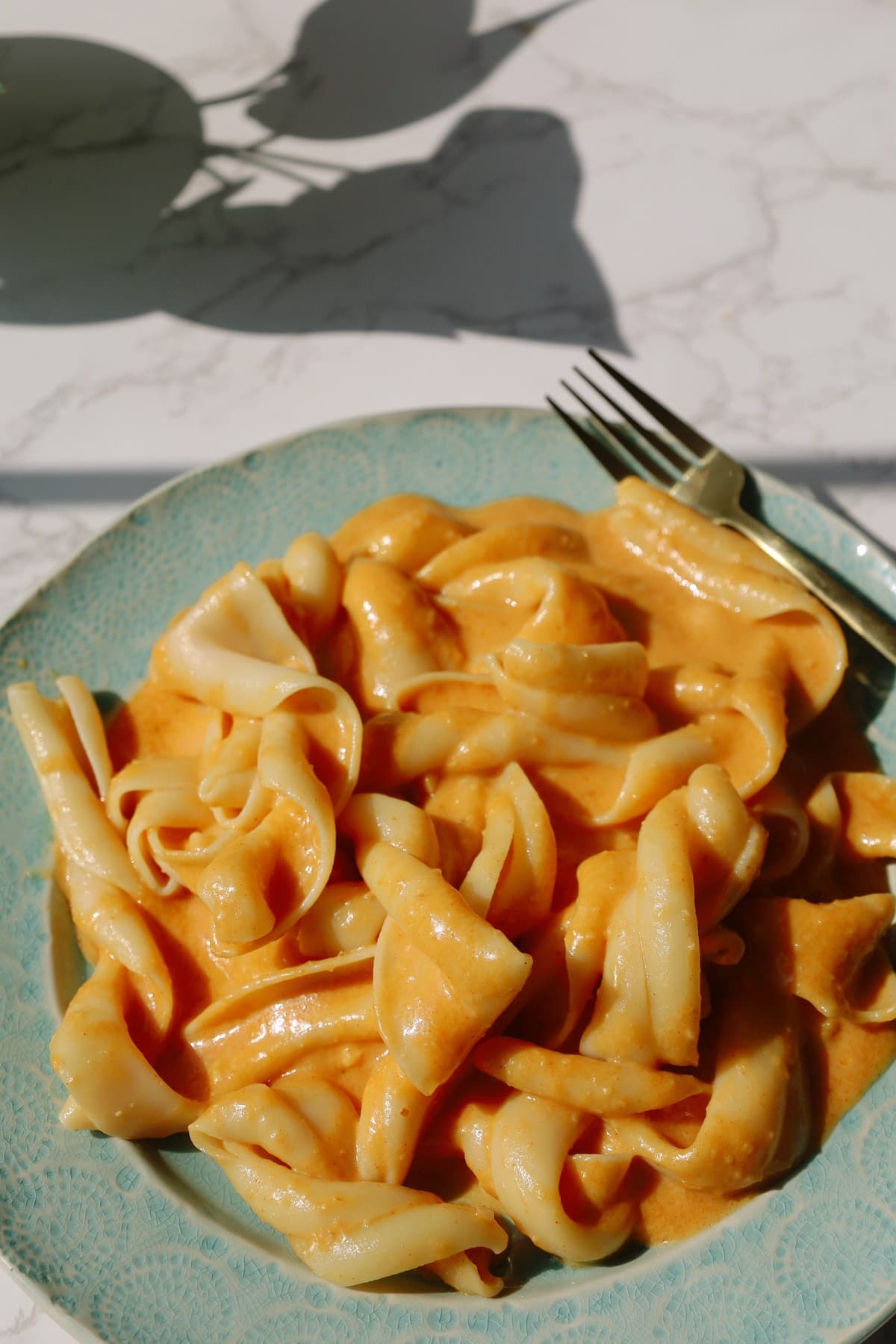 A plate of broad pasta ribbons coated in creamy orange pumpkin sauce.