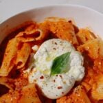 Spicy rigatoni with burrata and basil on top.