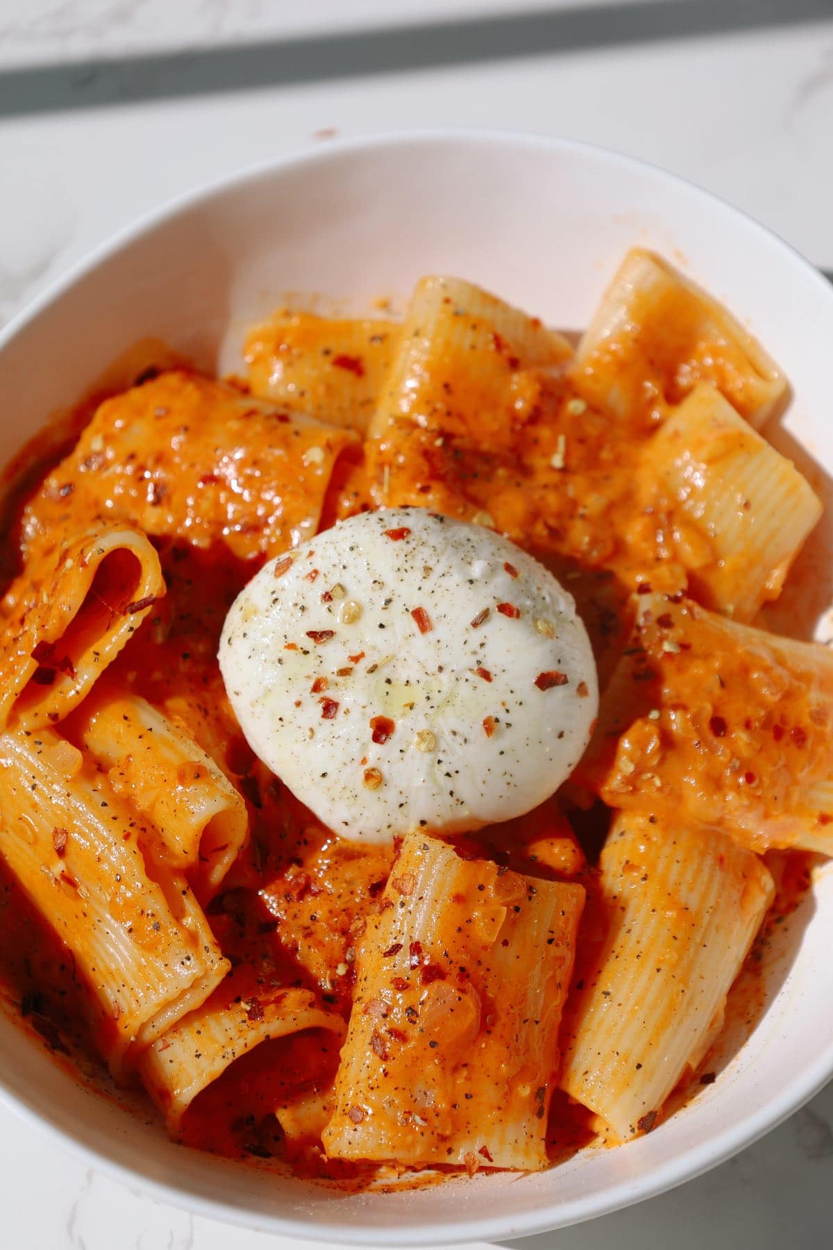 Spicy rigatoni with burrata.