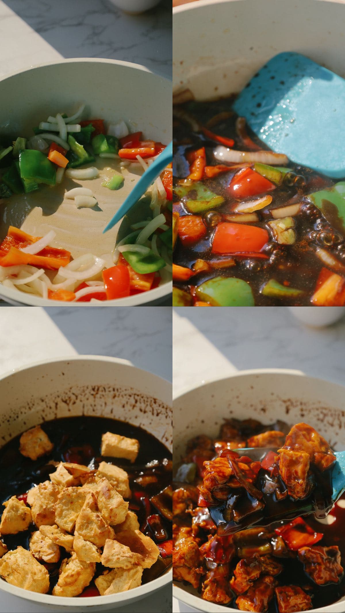 Step-by-step photos showing vegetables and crispy tofu tossed together in sweet and sour sauce.