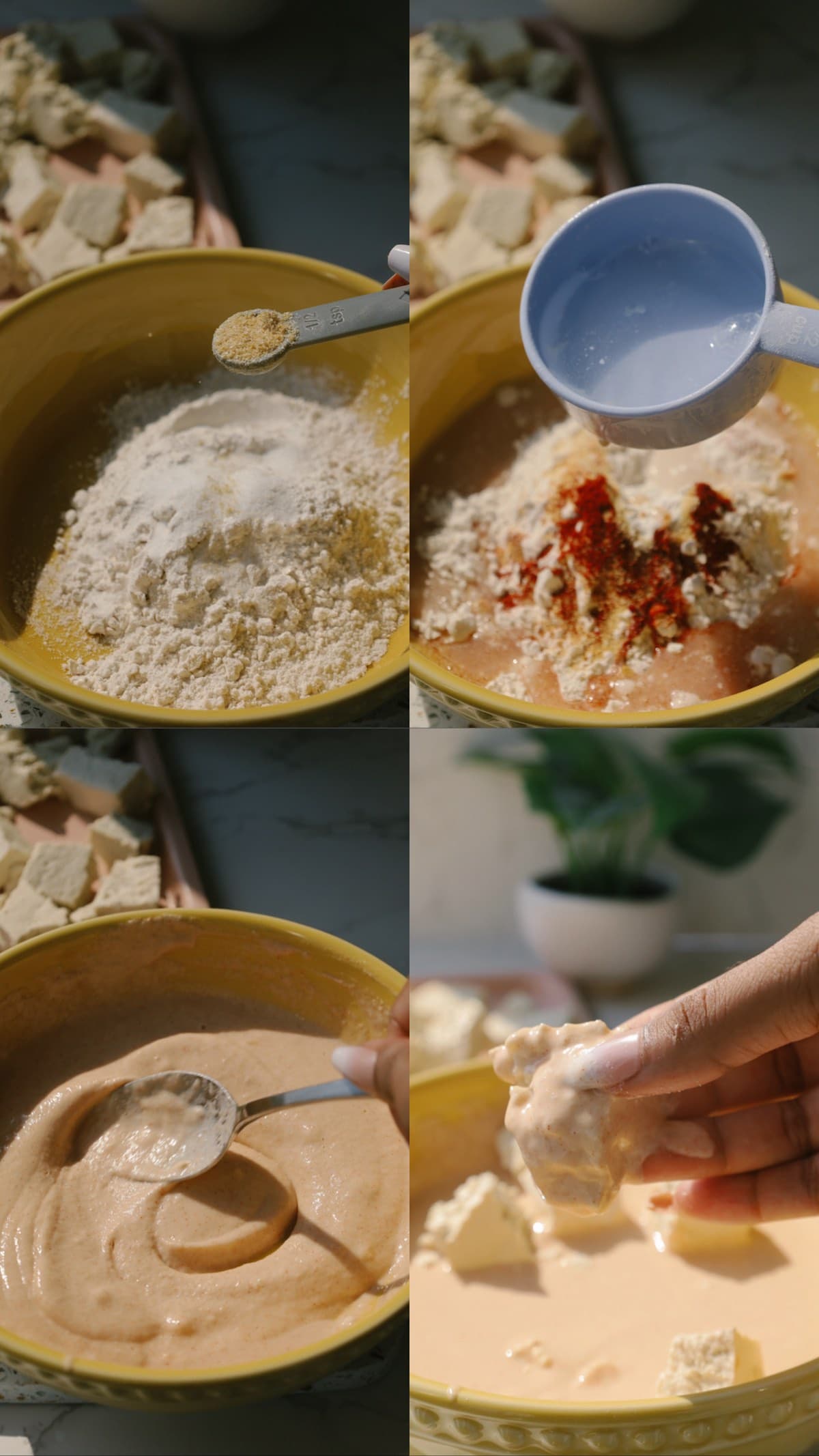 Step-by-step photos showing tofu pieces coated in seasoned batter before cooking.