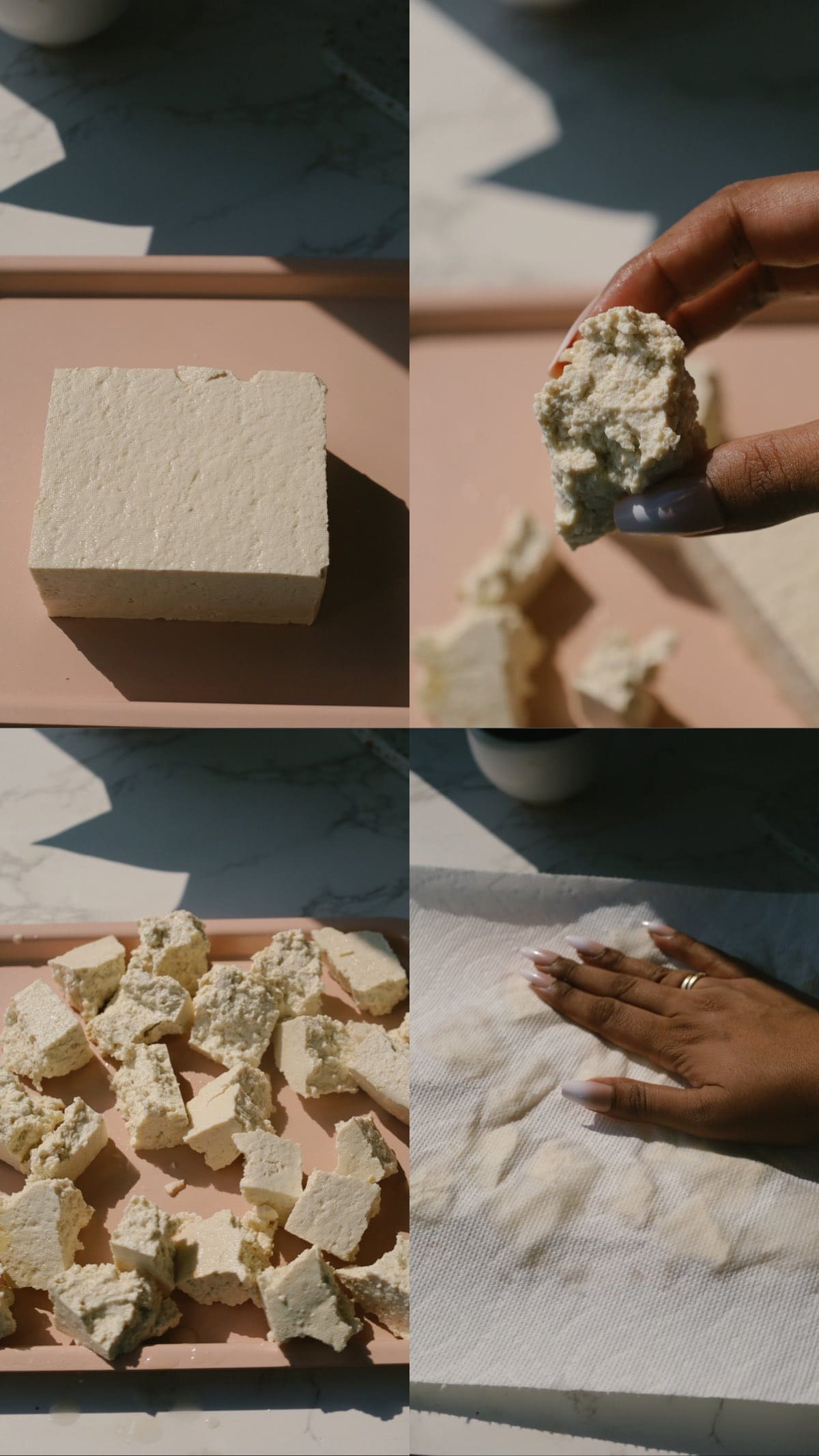 Step-by-step photos showing tofu pieces being broken and pat dried.