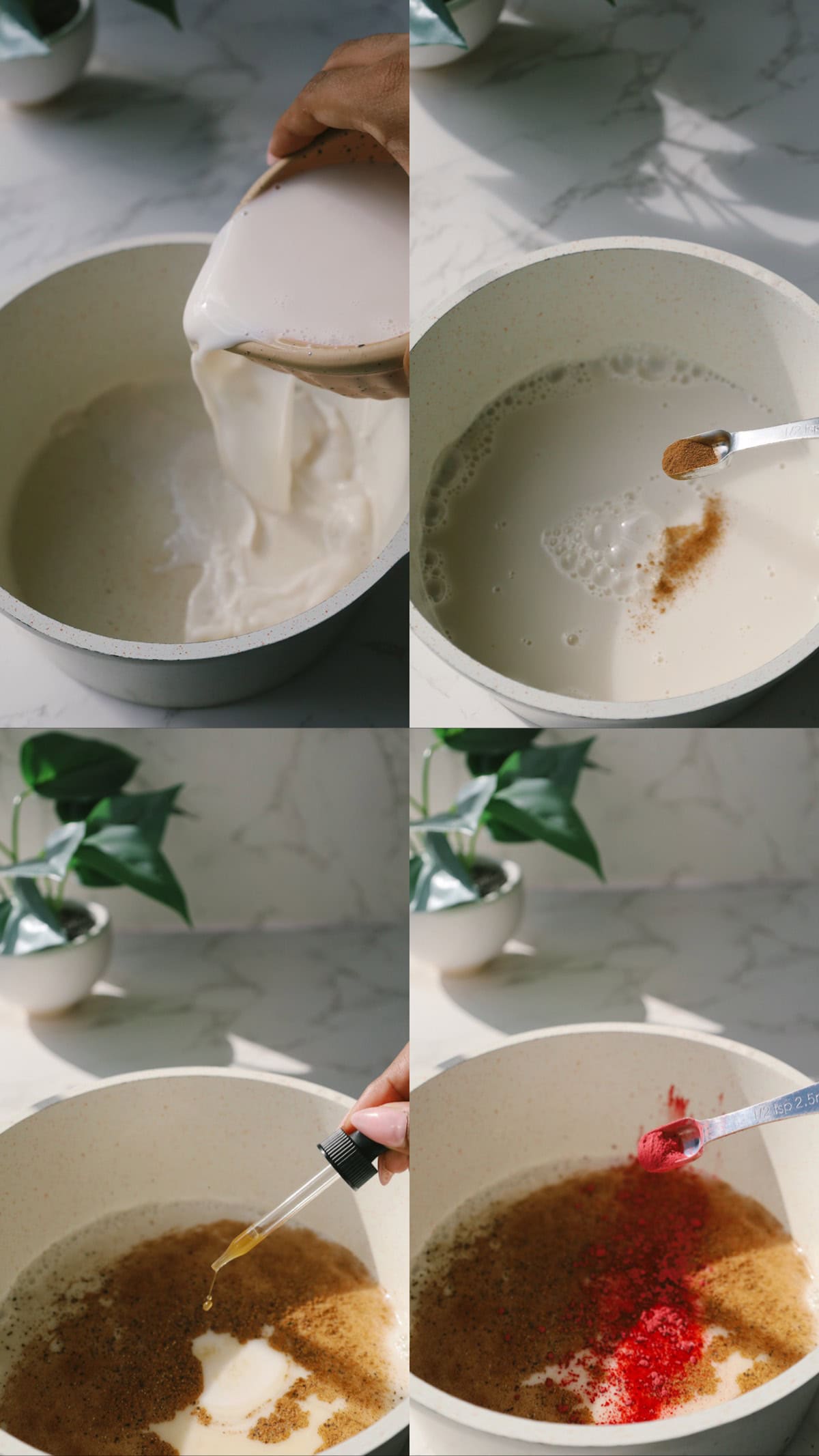 Four-step collage showing milk poured into a saucepan, spices added, ashwagandha tincture measured in, and beetroot powder stirred in.