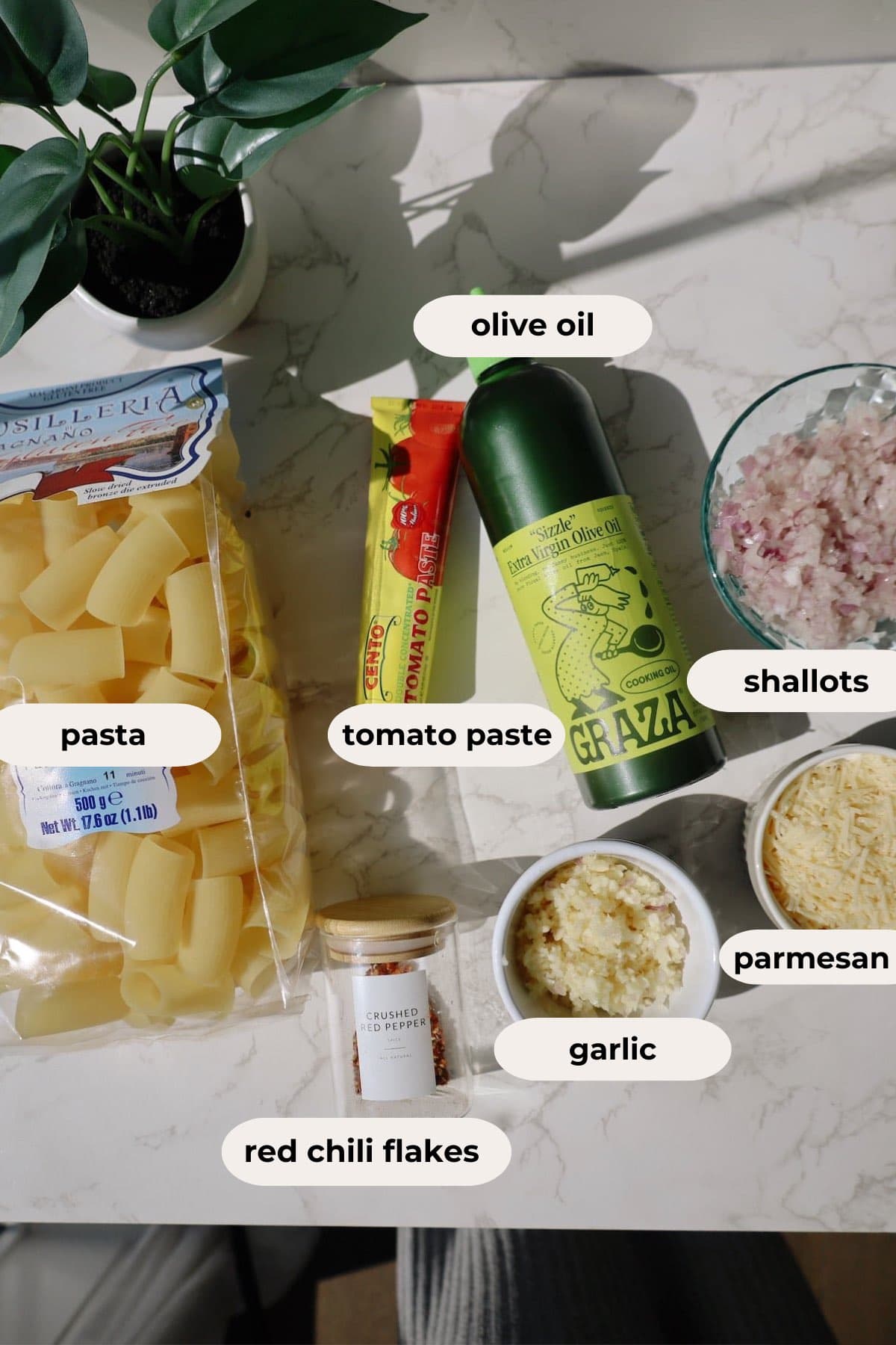 Spicy rigatoni ingredients.