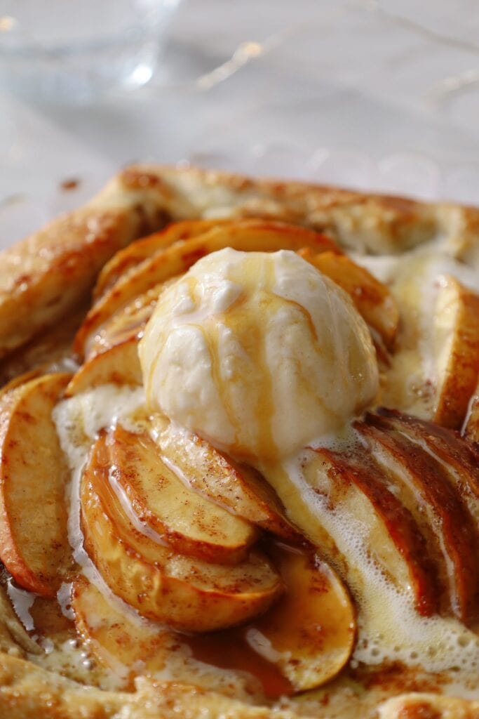 close up with ice cream and caramel sauce