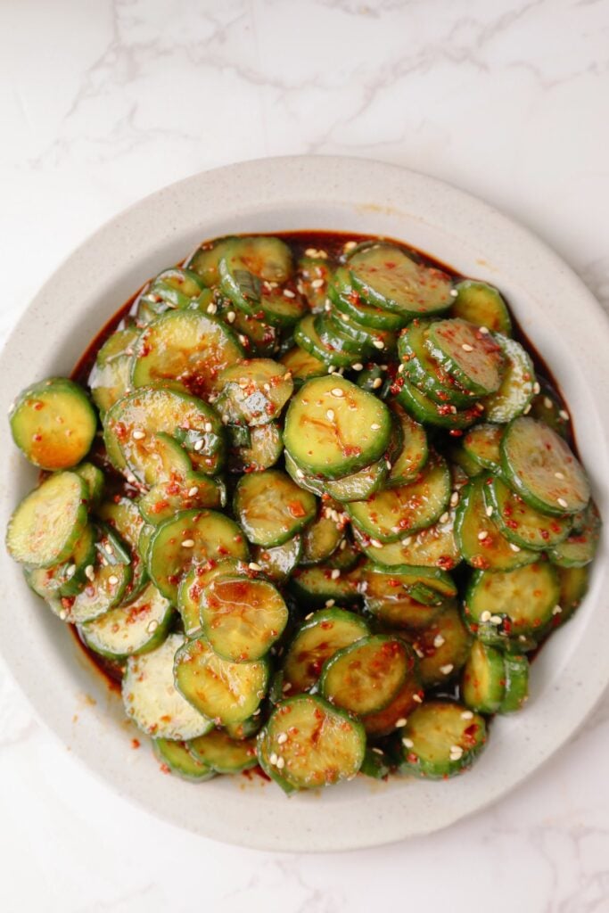 Korean cucumber salad on a plate.