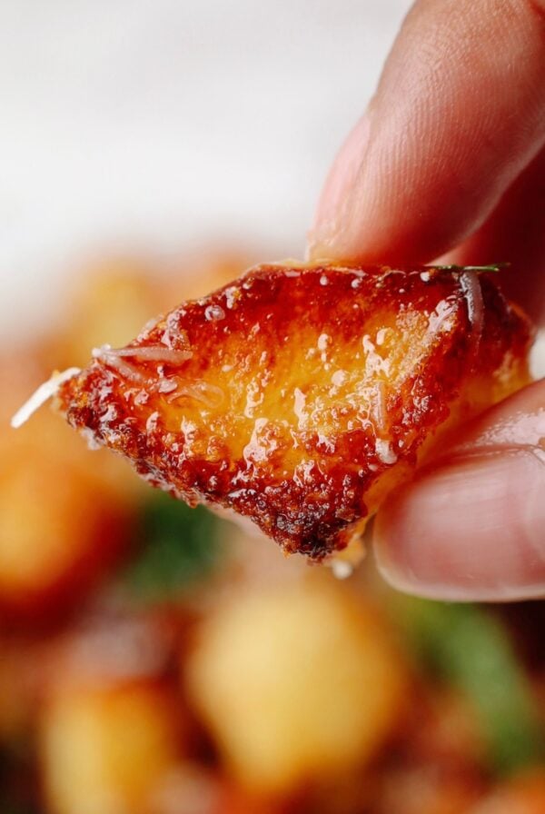A crispy air fried potato held in someone's hand.