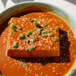 Cold tofu recipe on a plate with sauce on top.