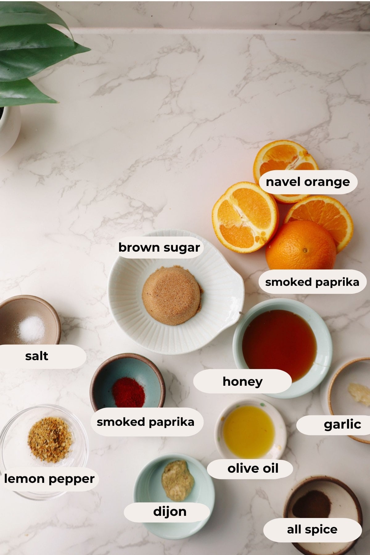 Ingredients for this recipe in small pinch bowls.