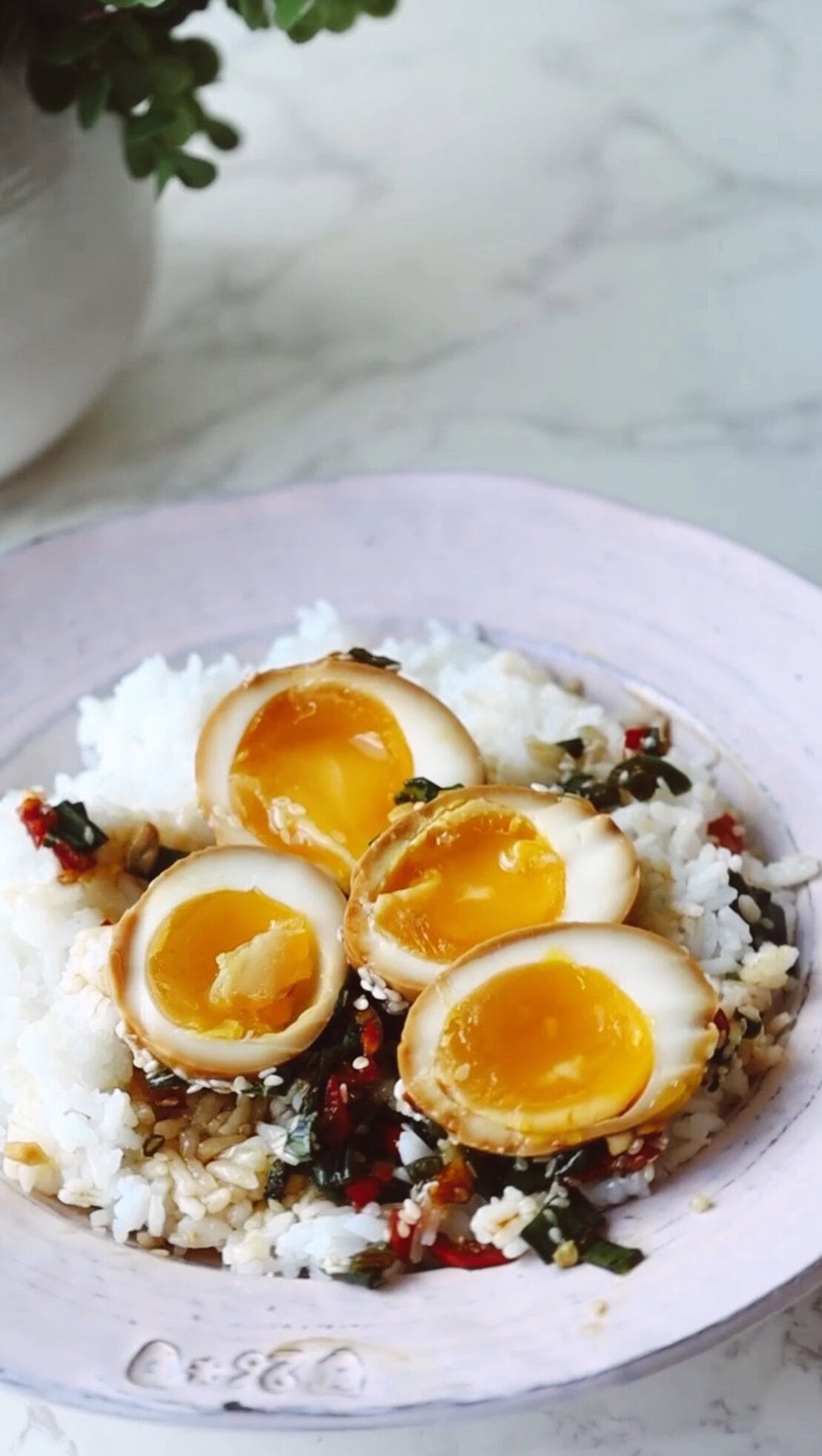 Mayak eggs over rice.