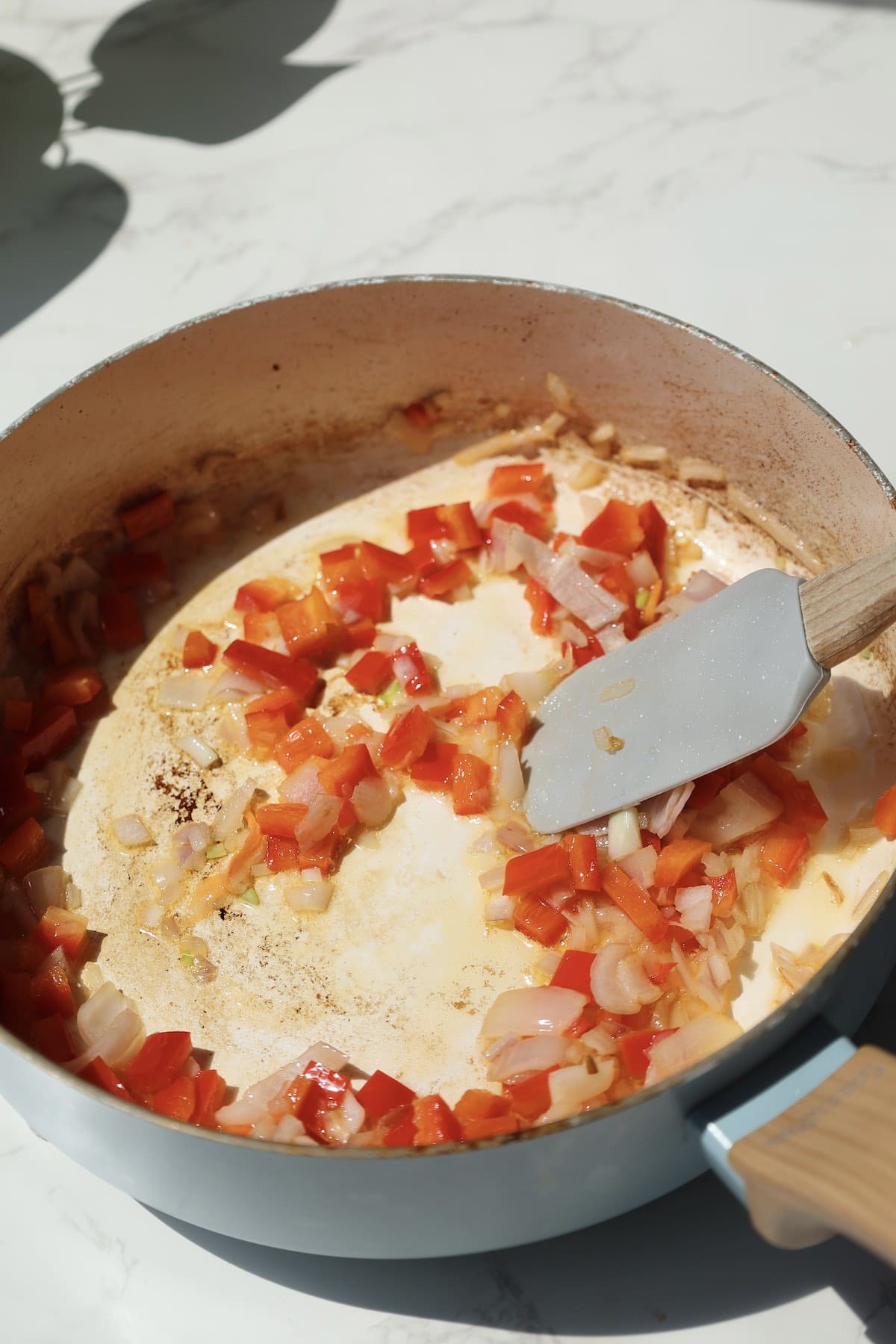Step two: saute the shallot and bell pepper.