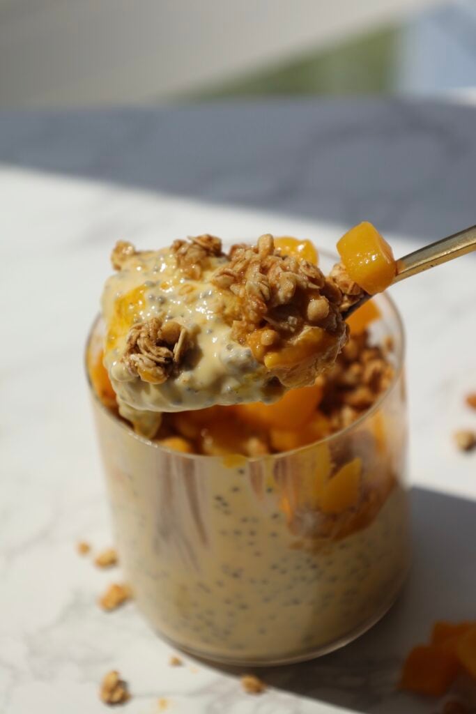 Chia seed pudding recipe inside of a jar.