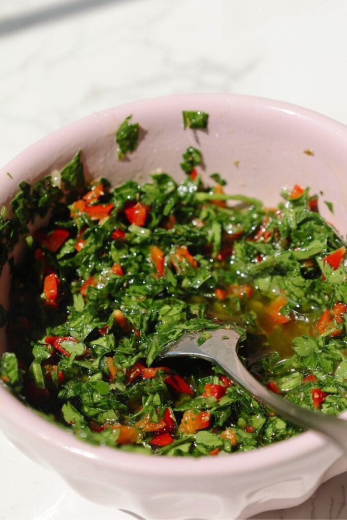 My chimichurri sauce recipe in a bowl.