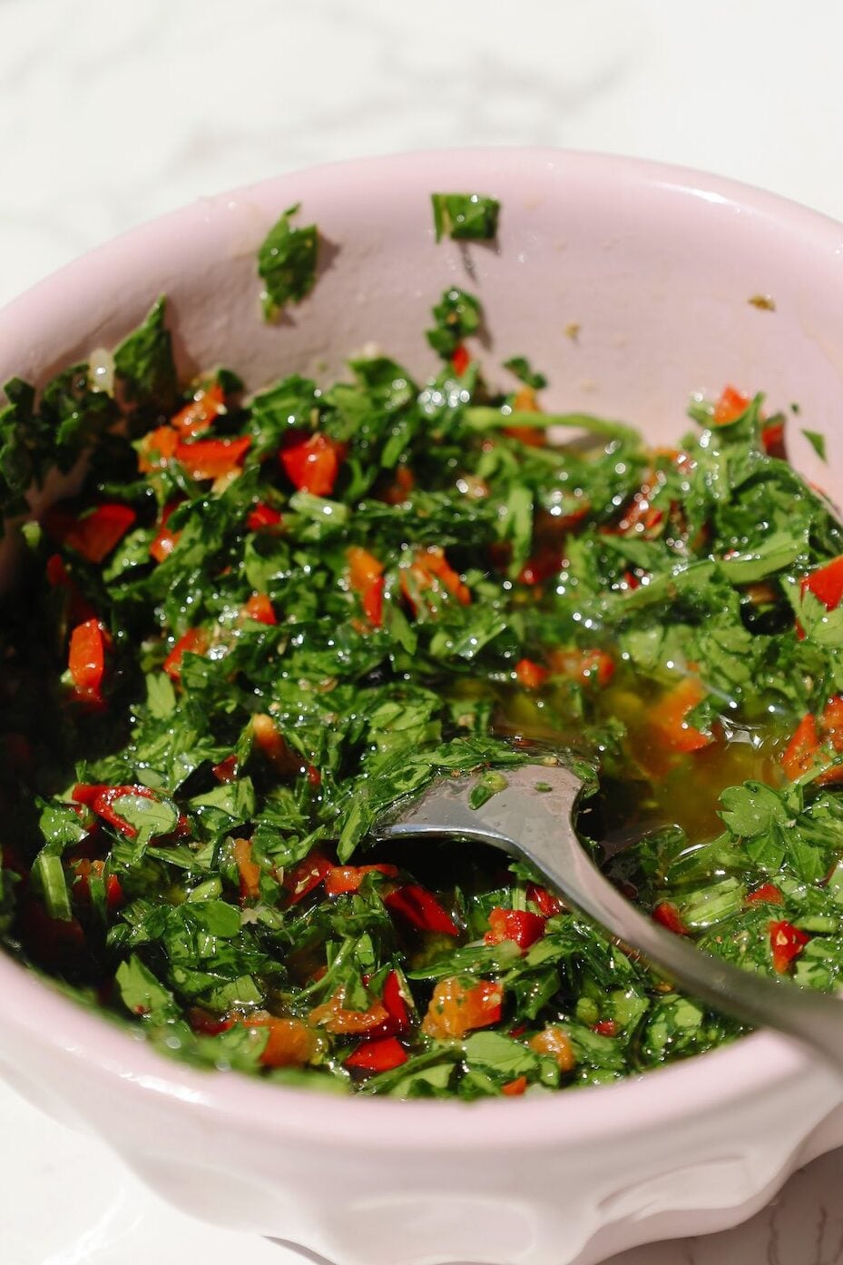 Step one: make the chimichurri sauce.