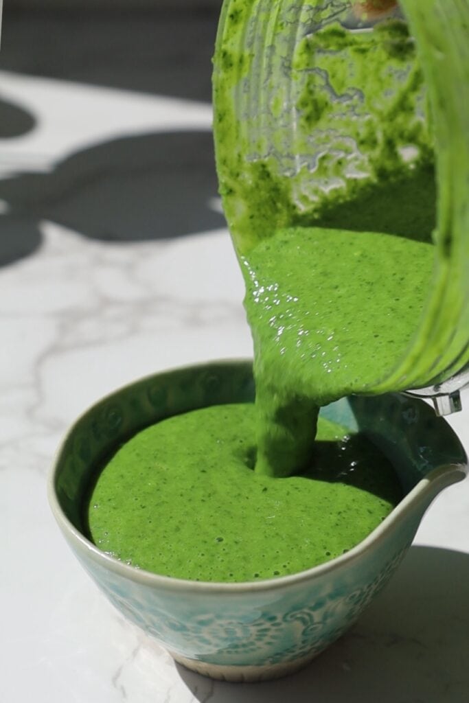 Blending fresh herbs and yogurt into a smooth, creamy Indian mint chutney.