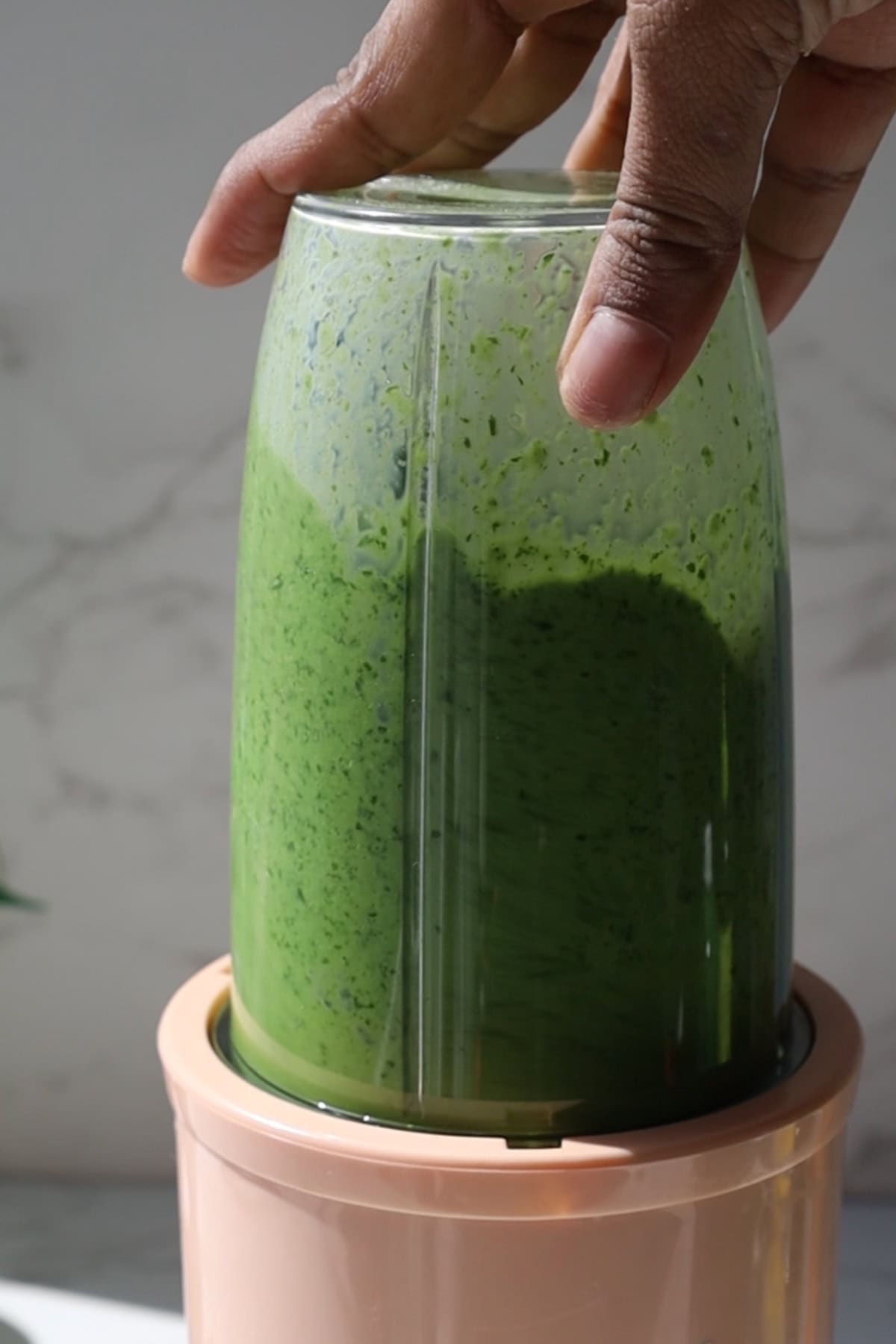 Blending fresh herbs and yogurt into a smooth, creamy Indian mint chutney.